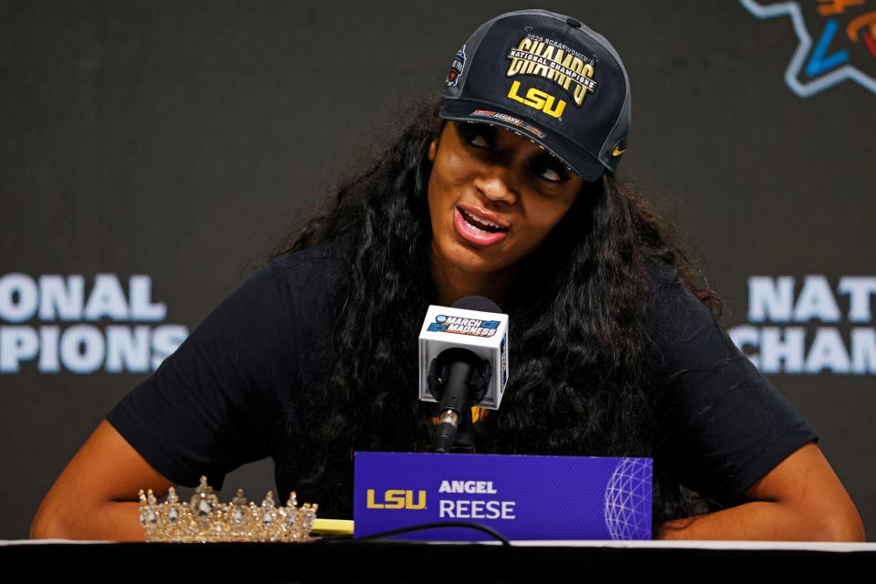 Angel Reese during the post-championship press conference