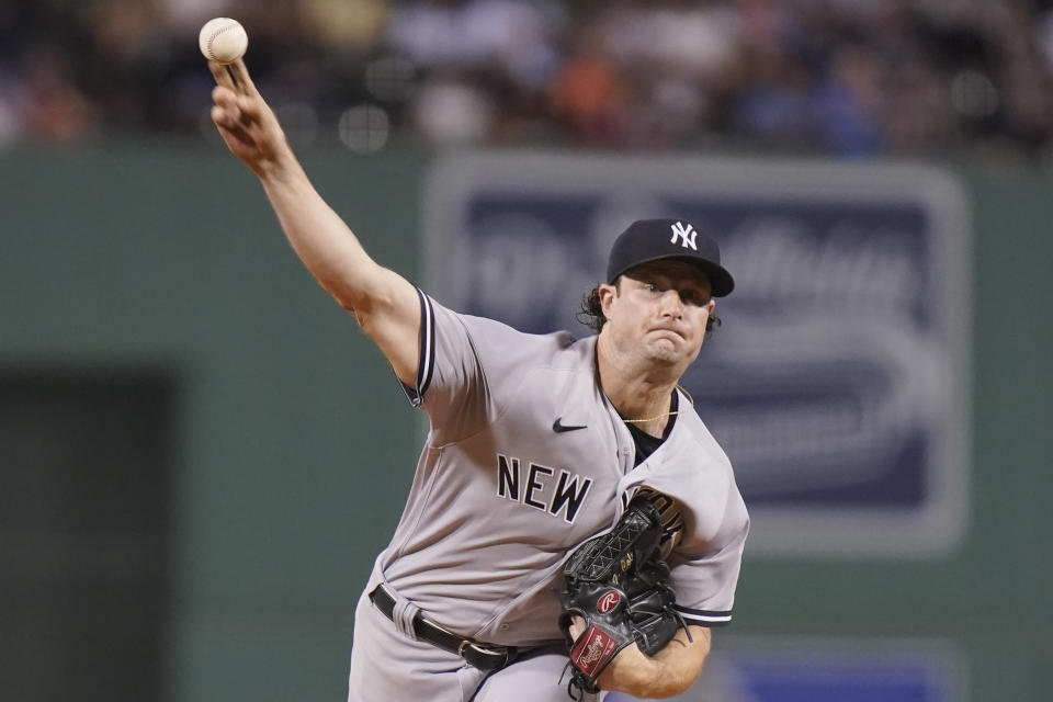 New York Yankees' Gerrit Cole delivers a pitch against to a Boston Red Sox batter during the first inning of a baseball game Tuesday, Sept. 13, 2022, in Boston. (AP Photo/Steven Senne)