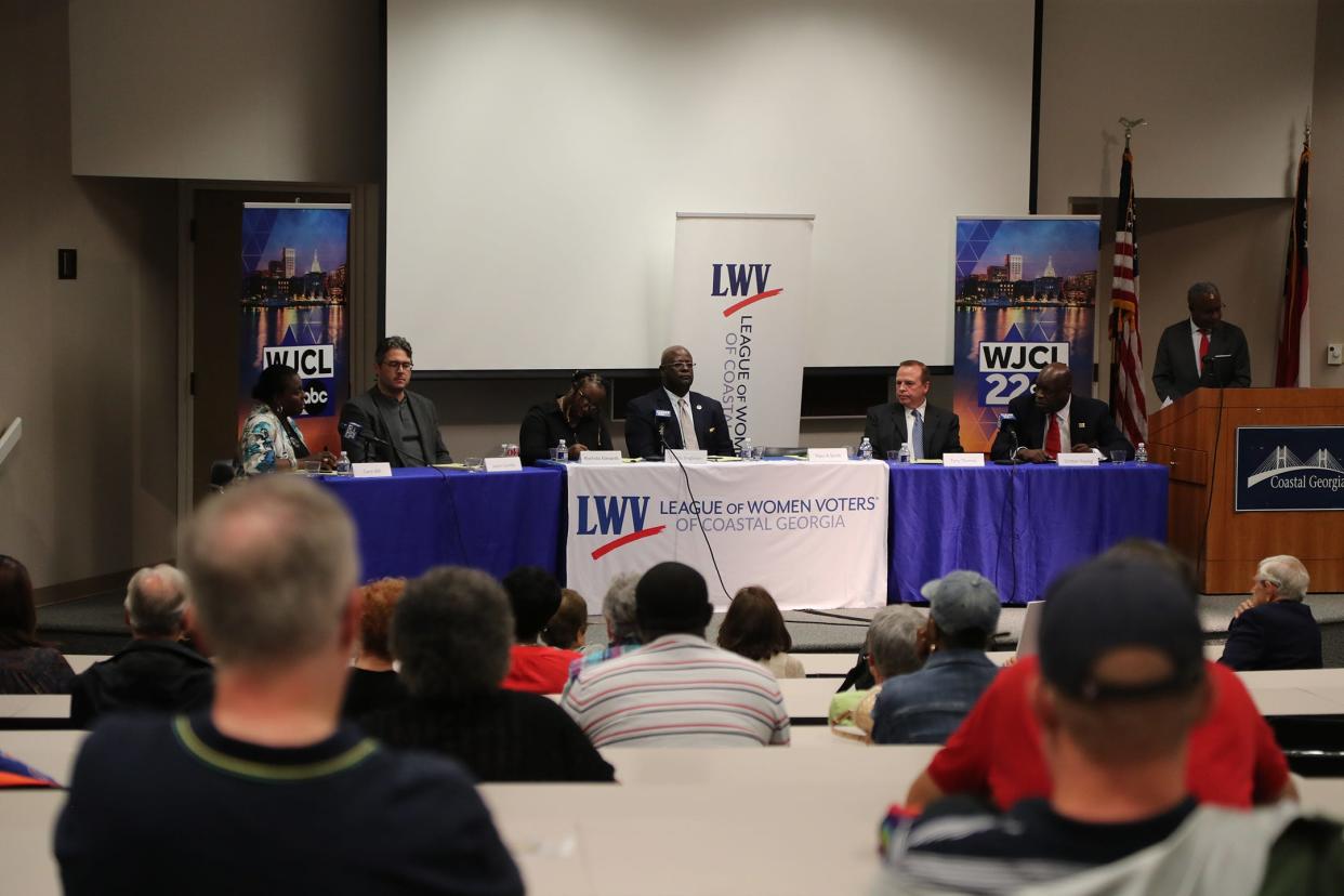 Candidates Carol Bell, Jason Combs, Roshida Edwards, Curtis Singleton, Tony Thomas, and Clinton Young participate in a candidate forum for Savannah Alderman at Large Post 1, sponsored by the League of Women Voters of Coastal Georgia on Tuesday, September 26, 2023 at the Coastal Georgia Center.
