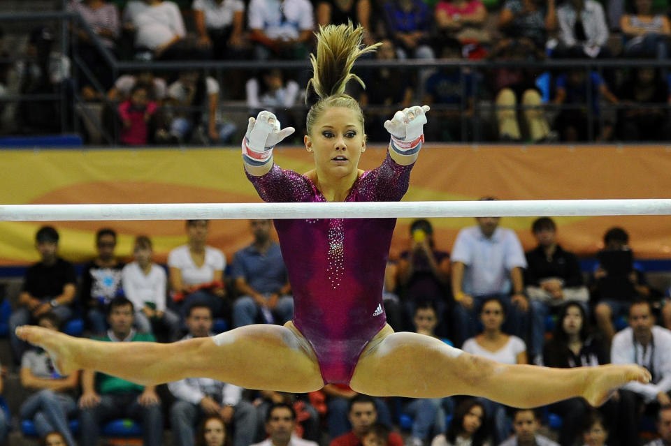 Shawn Johnson of the United States competes in the Women's Artistic Gymnastics Finals in Uneven Bars during Day 13 of the XVI Pan American Games at the Revolution Sports Complex on October 27, 2011 in Guadalajara, Mexico. (Photo by Dennis Grombkowski/Getty Images)
