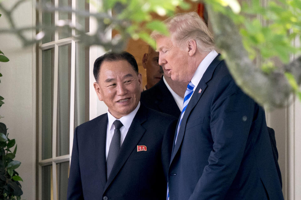 President Donald Trump talks with Kim Yong Chol, former North Korean military intelligence chief and one of leader Kim Jong Un's closest aides at the White House on June 1, 2018.
