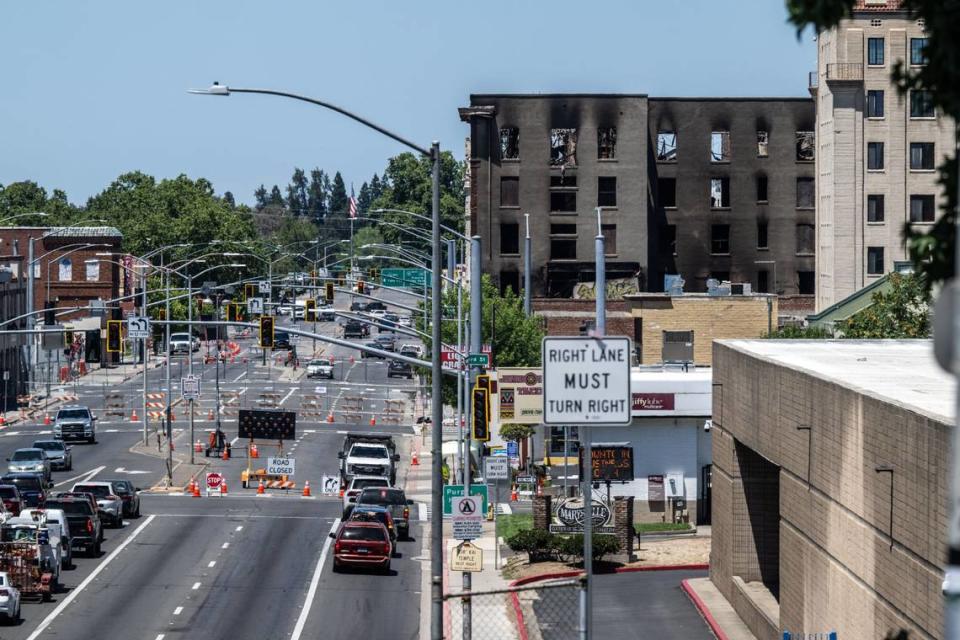 Traffic is rerouted throught downtown Marysville with the closure of Highway 70 on Monday after the Hotel Marysville was gutted in a fire last month.