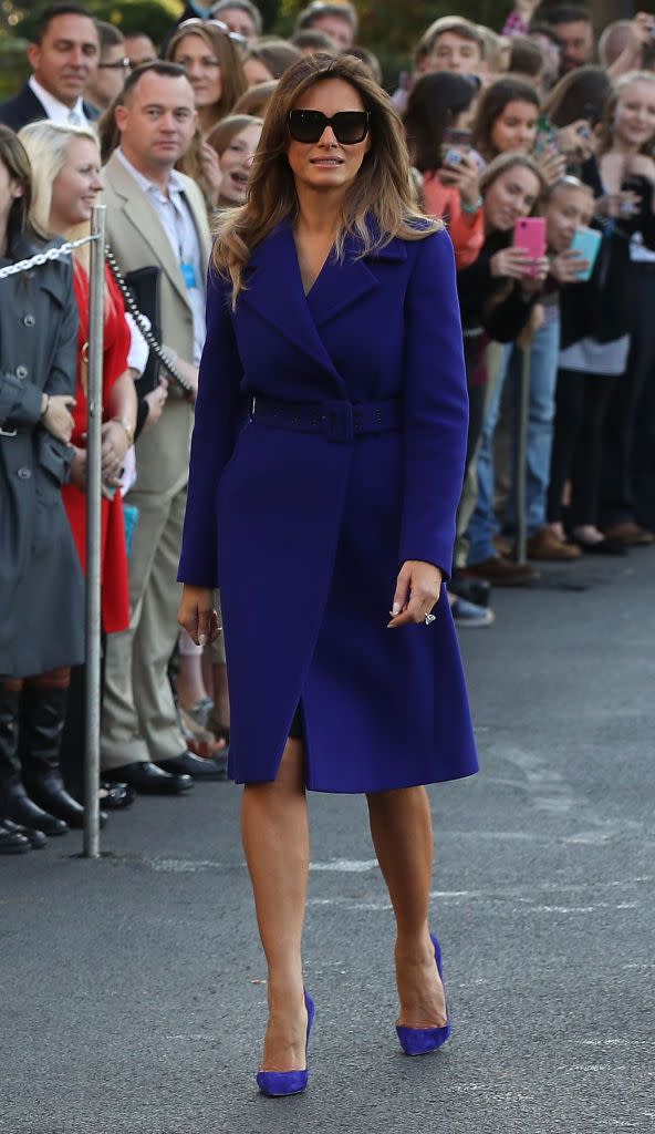 <p>Trump wore a Pucci coat and <a href="http://www.instyle.com/news/melania-trump-asia-color-coat" rel="nofollow noopener" target="_blank" data-ylk="slk:matching Louboutin heels;elm:context_link;itc:0;sec:content-canvas" class="link ">matching Louboutin heels</a> before she departed for Asia.</p>