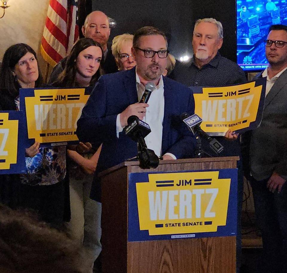 Jim Wertz delivers a victory speech to supporters at the Nuova Aurora Club, 1518 Walnut St., in Erie on Tuesday night. Wertz will be the Democratic candidate for the 49th District Senate Seat.