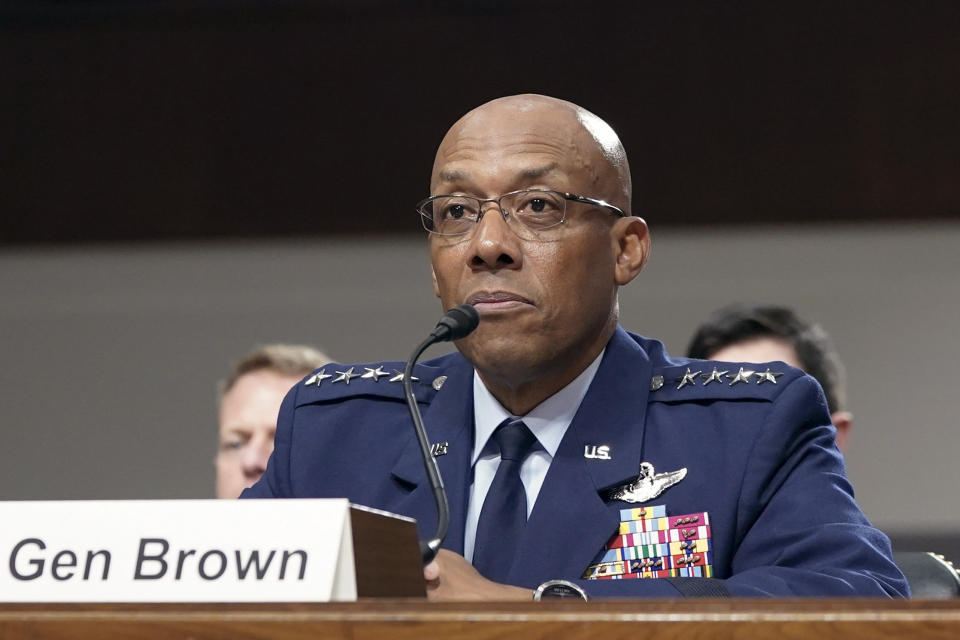 Air Force Gen. CQ Brown, testifies during a Senate Armed Services Committee hearing to consider his nomination to be Chairman of the Joint Chiefs of Staff, Tuesday, July 11, 2023, on Capitol Hill in Washington. (AP Photo/Mariam Zuhaib)