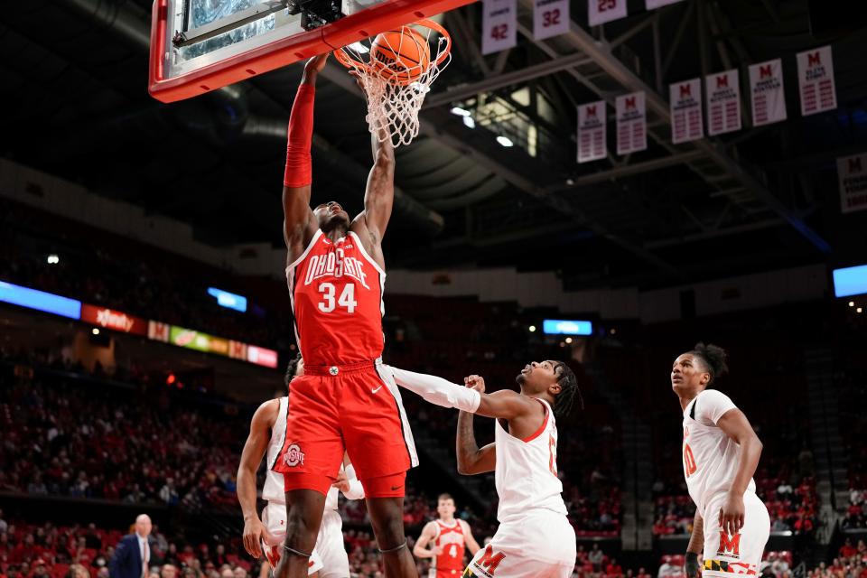 Ohio State center Felix Okpara scores against Maryland.