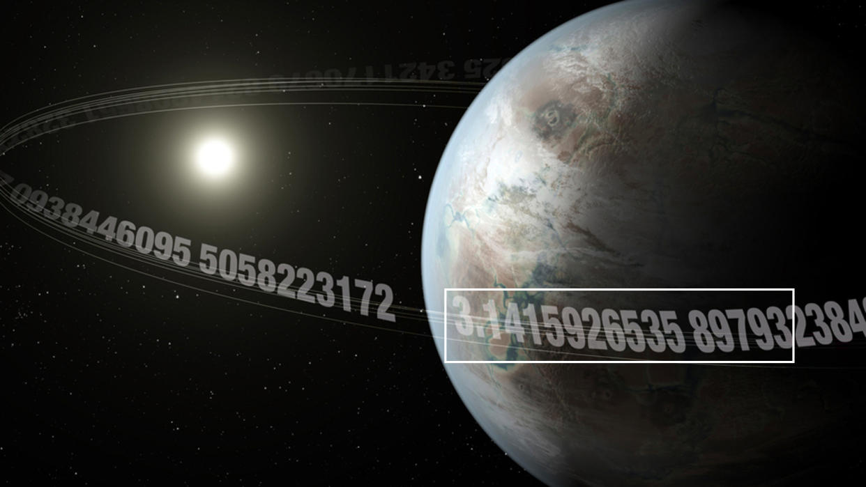  A planet surrounded by the number pi with the first 15 decimal places highlighted. 