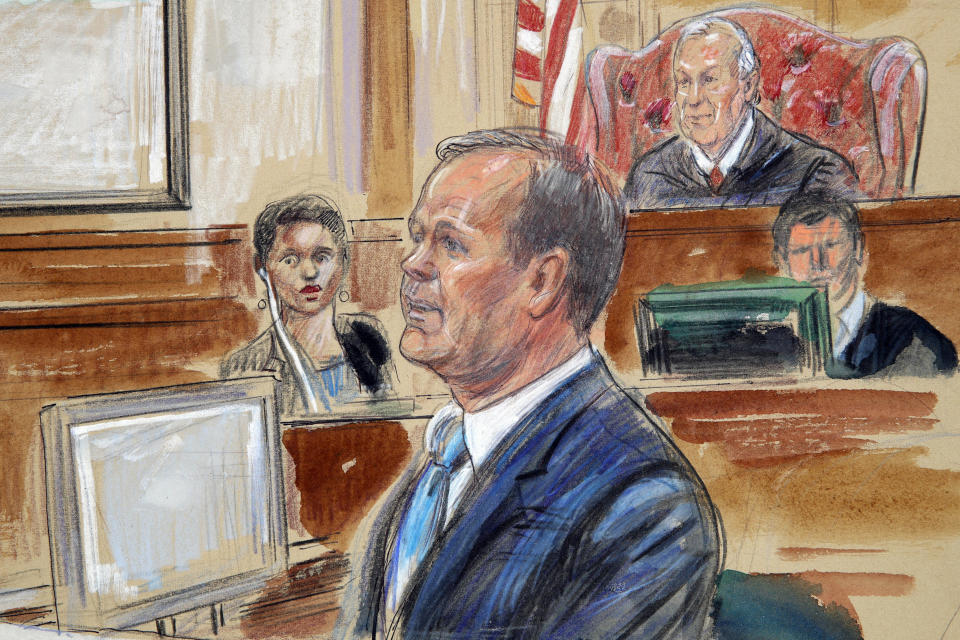 This courtroom sketch depicts Rick Gates, right, testifying last year during questioning in the bank fraud and tax evasion trial of Paul Manafort. (Dana Verkouteren via AP)