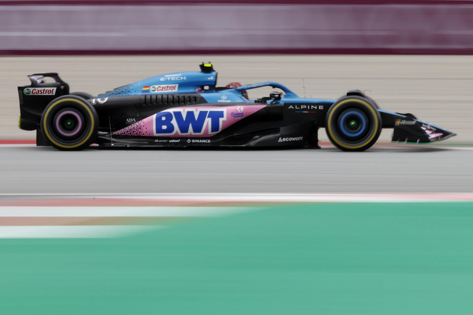 Alpine driver Pierre Gasly of France steers his car during the Spanish Formula One Grand Prix at the Barcelona Catalunya racetrack in Montmelo, Spain, Sunday, June 4, 2023. (AP Photo/Joan Monfort)