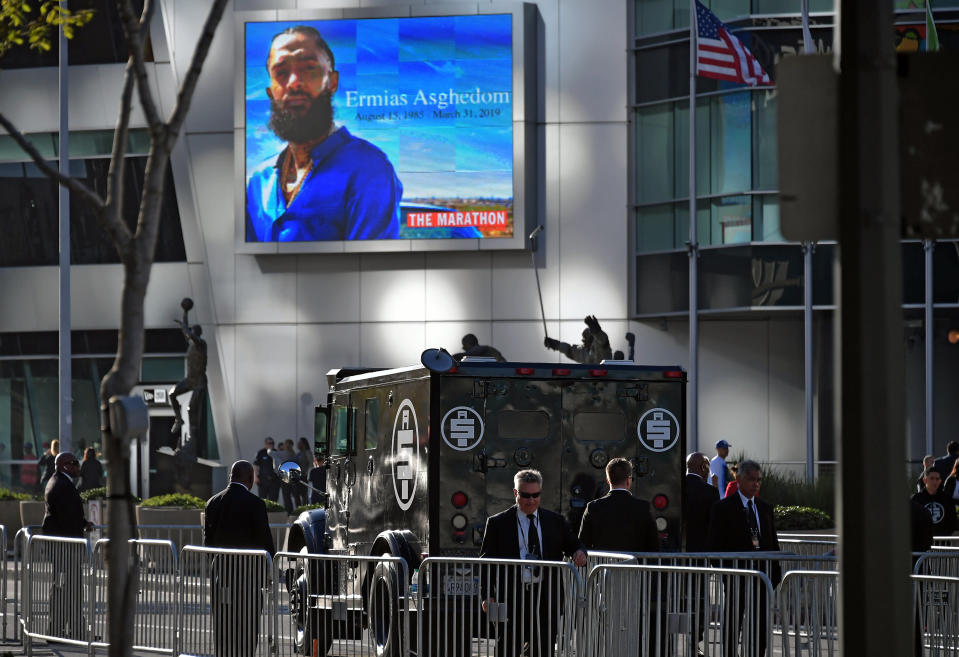 Security preps for the Nipsey Hussle memorial service at Staples Center on April 11, 2019 in L.A. (Photo: Neilson Barnard/Getty Images)