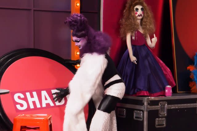 <p>MTV</p> Dawn hits Jan's Shade button in the new 'Untucked' lounge on 'RuPaul's Drag Race'