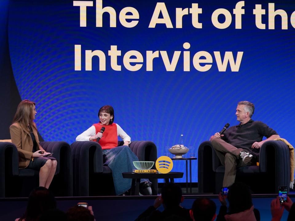 Dustee Jenkins, Global Head of Public Affairs, Spotify, Emma Chamberlain, and Bill Simmons speak onstage during Spotify Presents: Play On, Stream On 2023 Creator Sessions on March 8, 2023 in Los Angeles, California.