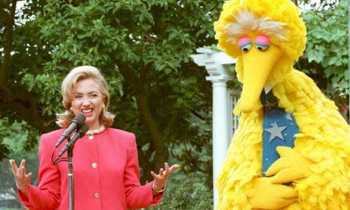 Then first lady Hillary Clinton speaking withBig Bird about the benefits of public broadcasting.