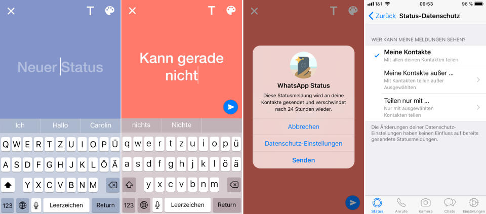 Du kannst über die Aktualisierung deiner Statusmeldung anderen mitteilen, dass du beschäftigt bist. (Bild: Screenshots Whatsapp / Collage: Yahoo Style)