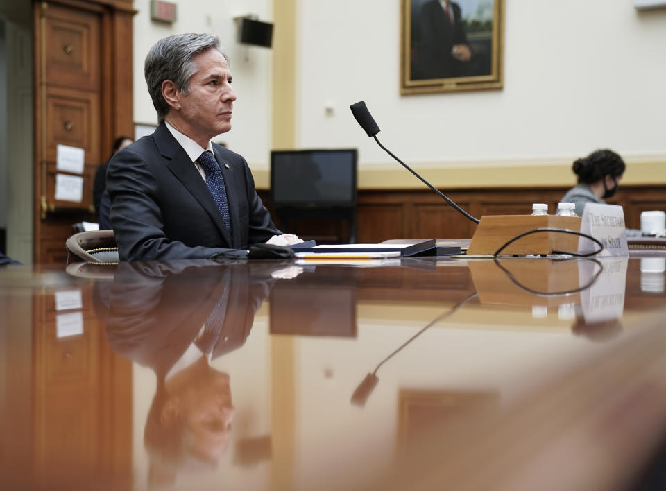 Secretary of State Antony Blinken testifies before the House Committee on Foreign Affairs on the administration foreign policy priorities on Capitol Hill on Wednesday, March 10, 2021, in Washington, (Ken Cedeno/Pool via AP)