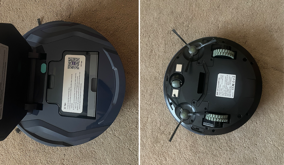 The OKP K2 Vacuum Cleaner shown with lid open (left) and turned upside down (right)