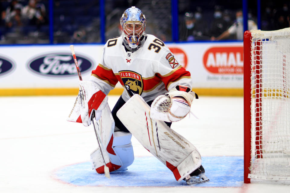 TAMPA, FLORIDA - MAY 26: Spencer Knight #30 of the Florida Panthers looks on during Game Six of the First Round of the 2021 Stanley Cup Playoffs against the Tampa Bay Lightning  at Amalie Arena on May 26, 2021 in Tampa, Florida. (Photo by Mike Ehrmann/Getty Images)