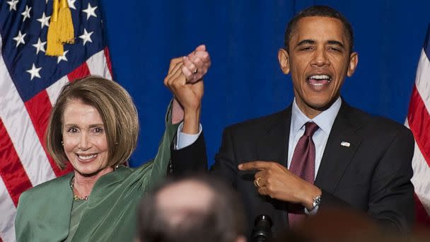 PHOTO: In this May 13, 2010 file photo President Barack Obama holds Speaker of the House Nancy Pelosi's hand after she introduced him at the DCCC fundraising dinner in New York. (Jim Watson/AFP via Getty Images, FILE)