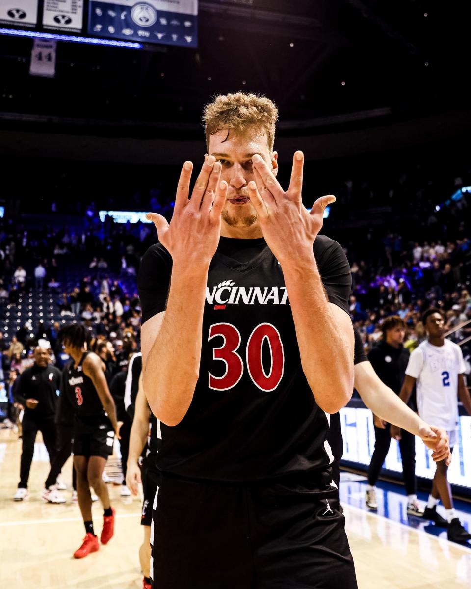 Viktor Lakhin led UC with 17 points in their 71-60 win over No. 12 BYU Saturday night.