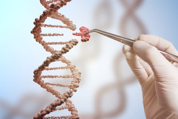 A hand with a latex glove replacing a portion of a DNA molecule.