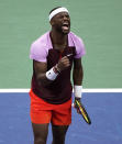 Frances Tiafoe, of the United States, celebrates after winning a point against Rafael Nadal, of Spain, during the fourth round of the U.S. Open tennis championships, Monday, Sept. 5, 2022, in New York. (AP Photo/Eduardo Munoz Alvarez)