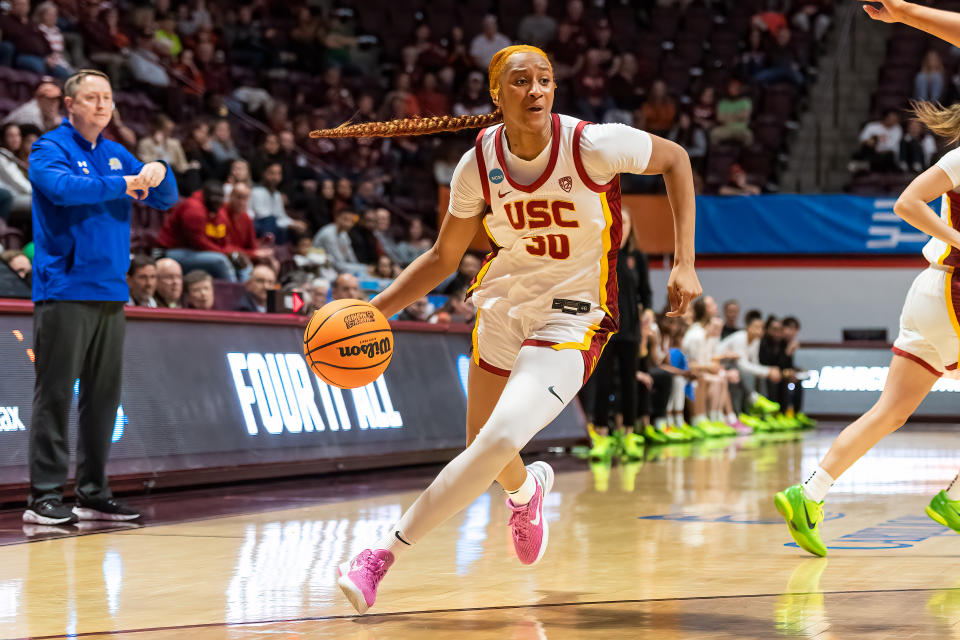 BLACKSBURG, VA - MARCH 17: Kadi Scissoko #30 of the USC Trojans during the first round of the 2023 NCAA Women's Basketball Tournament held at Cassell Coliseum on March 17, 2023 in Blacksburg, Virginia. (Photo by Robert Simmons/NCAA Photos via Getty Images)