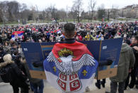 Supporters of Serbia's Novak Djokovic gather to protest in Belgrade, Serbia, Thursday, Jan. 6, 2022. The Australian government has denied No. 1-ranked Novak Djokovic entry to defend his title in the year's first tennis major and canceled his visa because he failed to meet the requirements for an exemption to the country's COVID-19 vaccination rules. (AP Photo/Darko Vojinovic)