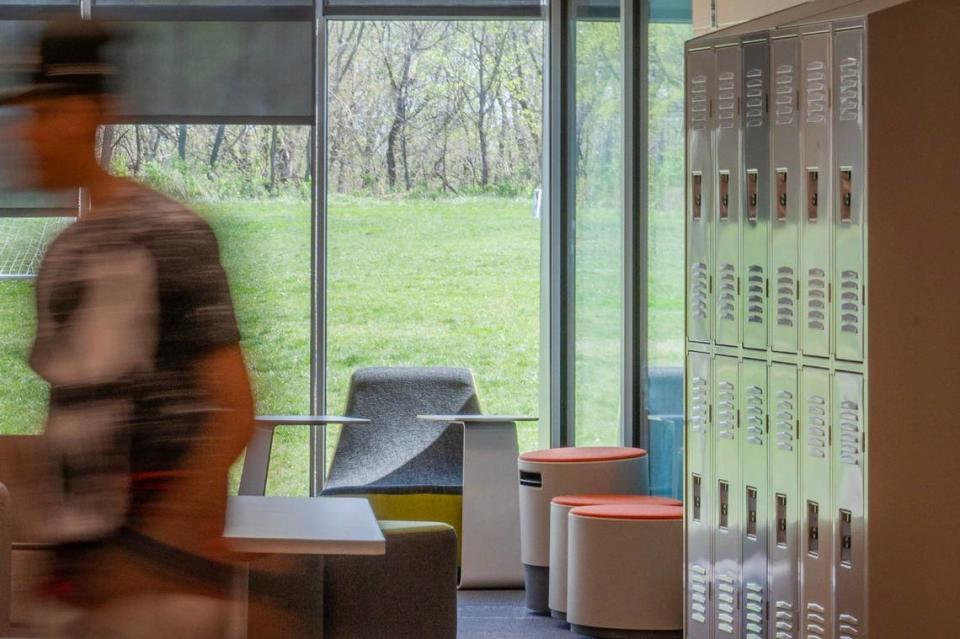 A student walks past a study area at Gloria Willis Middle School on Tuesday, April 16, 2024, in Kansas City, Kansas.