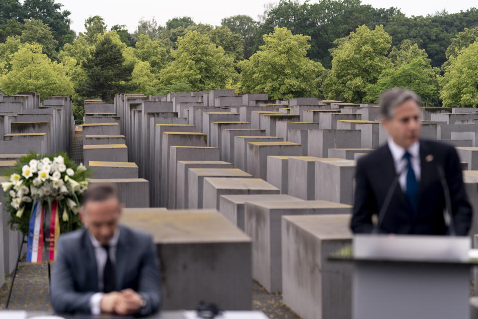U.S. Secretary of State Antony Blinken, right, accompanied by German Minister of Foreign Affairs Heiko Maas, left, speaks during a ceremony for the launch of a U.S.-Germany Dialogue on Holocaust Issues at the Memorial to the Murdered Jews of Europe in Berlin, Thursday, June 24, 2021. Blinken is on a week long trip in Europe traveling to Germany, France and Italy. (AP Photo/Andrew Harnik, Pool)