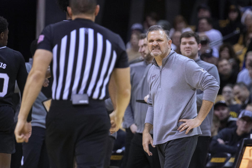 Mississippi State coach Chris Jans reacts to a call during the second half of the team's NCAA college basketball game against Missouri on Tuesday, Feb. 21, 2023, in Columbia, Mo. Missouri won 66-64 in overtime. (AP Photo/L.G. Patterson)