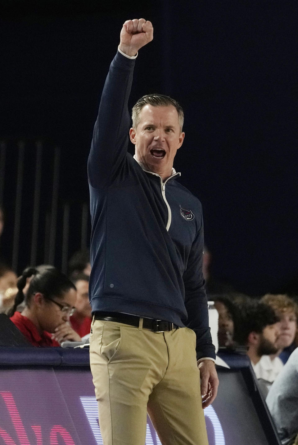 Florida Atlantic head coach Dusty May gestures during the first half of an NCAA college basketball game against Temple, Thursday, Feb. 15, 2024, in Boca Raton, Fla. (AP Photo/Marta Lavandier)