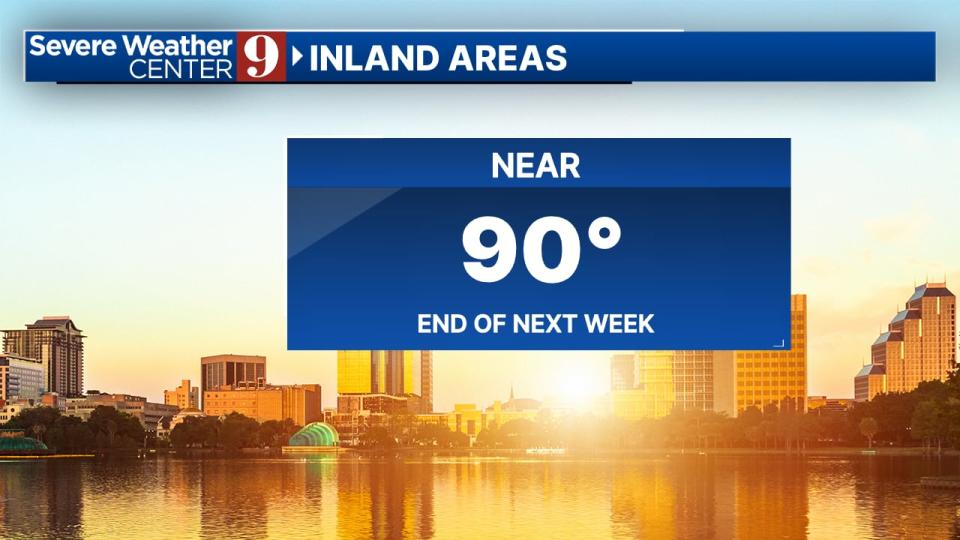 Afternoon highs will hit near 90 degrees by the end of the week.