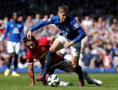 Football - Everton v Manchester United - Barclays Premier League - Goodison Park - 26/4/15 Everton's John Stones in action with Manchester United's Radamel Falcao Reuters / Andrew Yates Livepic EDITORIAL USE ONLY.