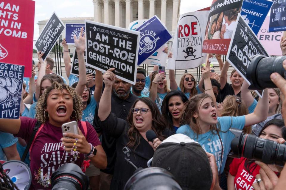 Anti-abortion protesters gather outside the Supreme Court in Washington on Friday, June 24, 2022. The Supreme Court has ended constitutional protections for abortion that had been in place nearly 50 years, a decision by its conservative majority to overturn the court's landmark abortion cases.