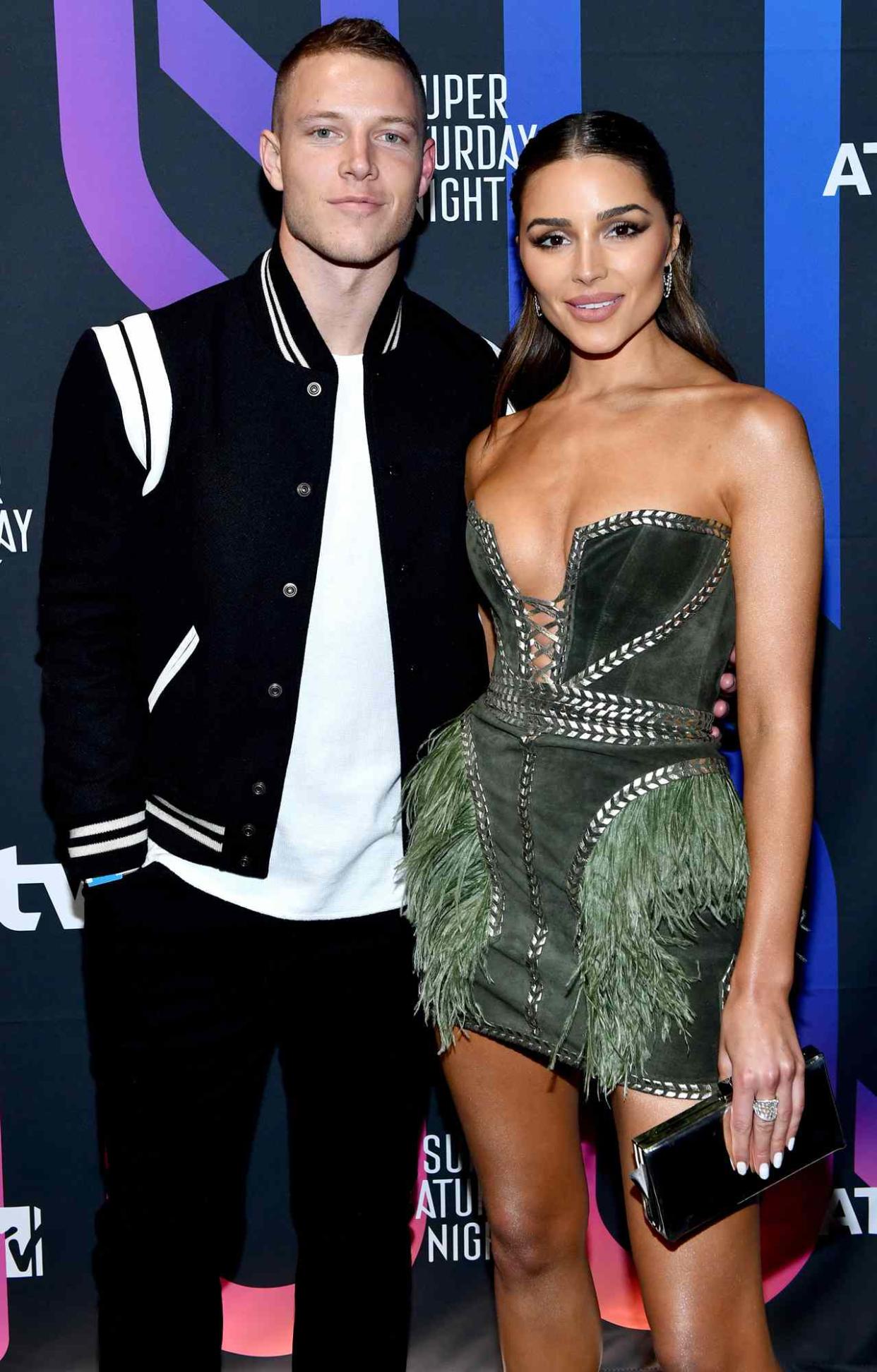 Christian McCaffrey and Olivia Culpo attend AT&T TV Super Saturday Night at Meridian at Island Gardens on February 01, 2020 in Miami, Florida