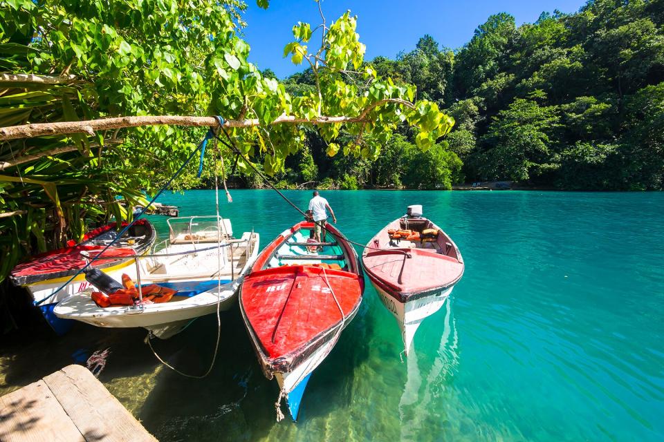 Jamaica, Port Antonio, boats in the blue lagoon