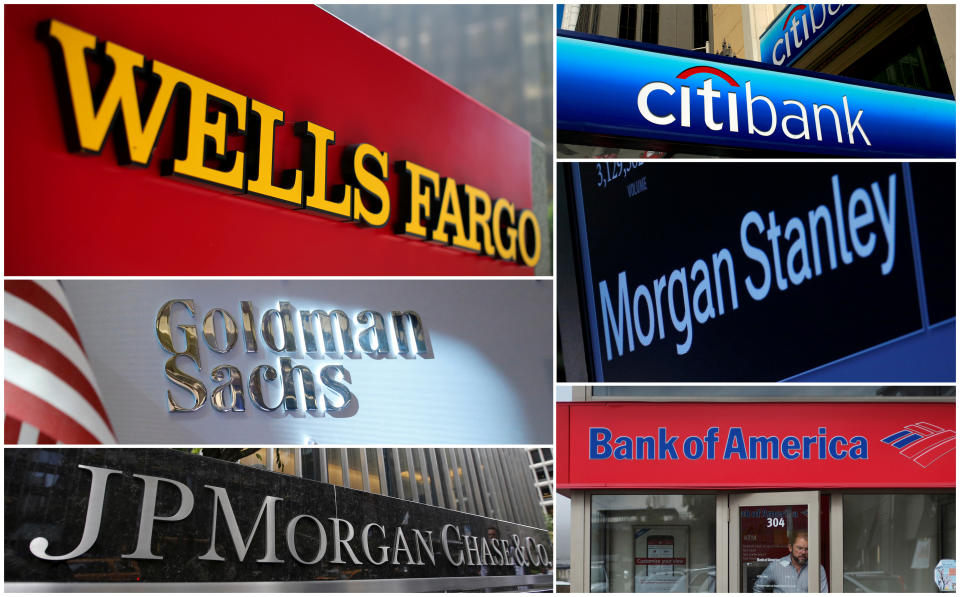 A combination file photo shows Wells Fargo, Citigbank, Morgan Stanley, JPMorgan Chase, Bank of America, JPMorgan, and Goldman Sachs from Reuters archive. REUTERS/File Photos