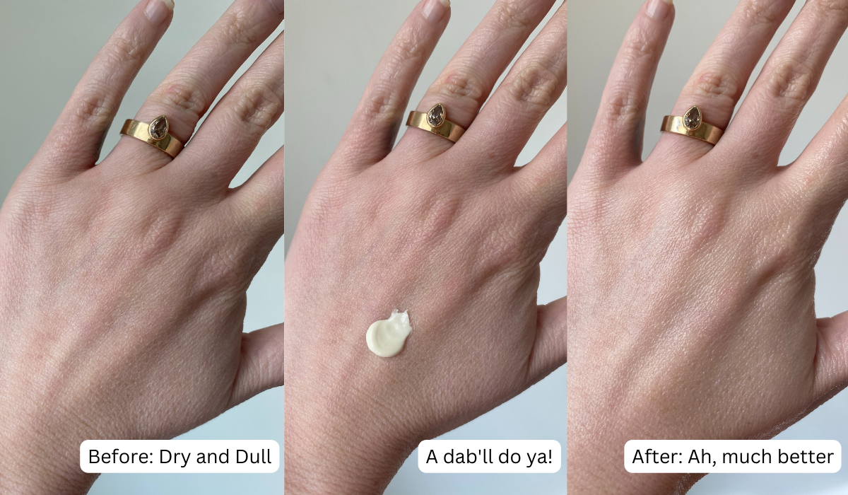 a series of photos of the author's hand: first looking dry without the cream, second with a dab of the cream, and third with the cream rubbed in and looking hydrated