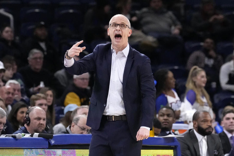 Connecticut head coach Dan Hurley directs his team during the first half of an NCAA college basketball game against the DePaul Tuesday, Jan. 31, 2023, in Chicago. (AP Photo/Charles Rex Arbogast)