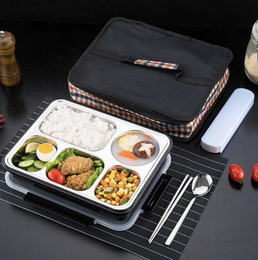 Stainless steel, insulated, leak-proof bento box with tableware. (PHOTO: Shopee)