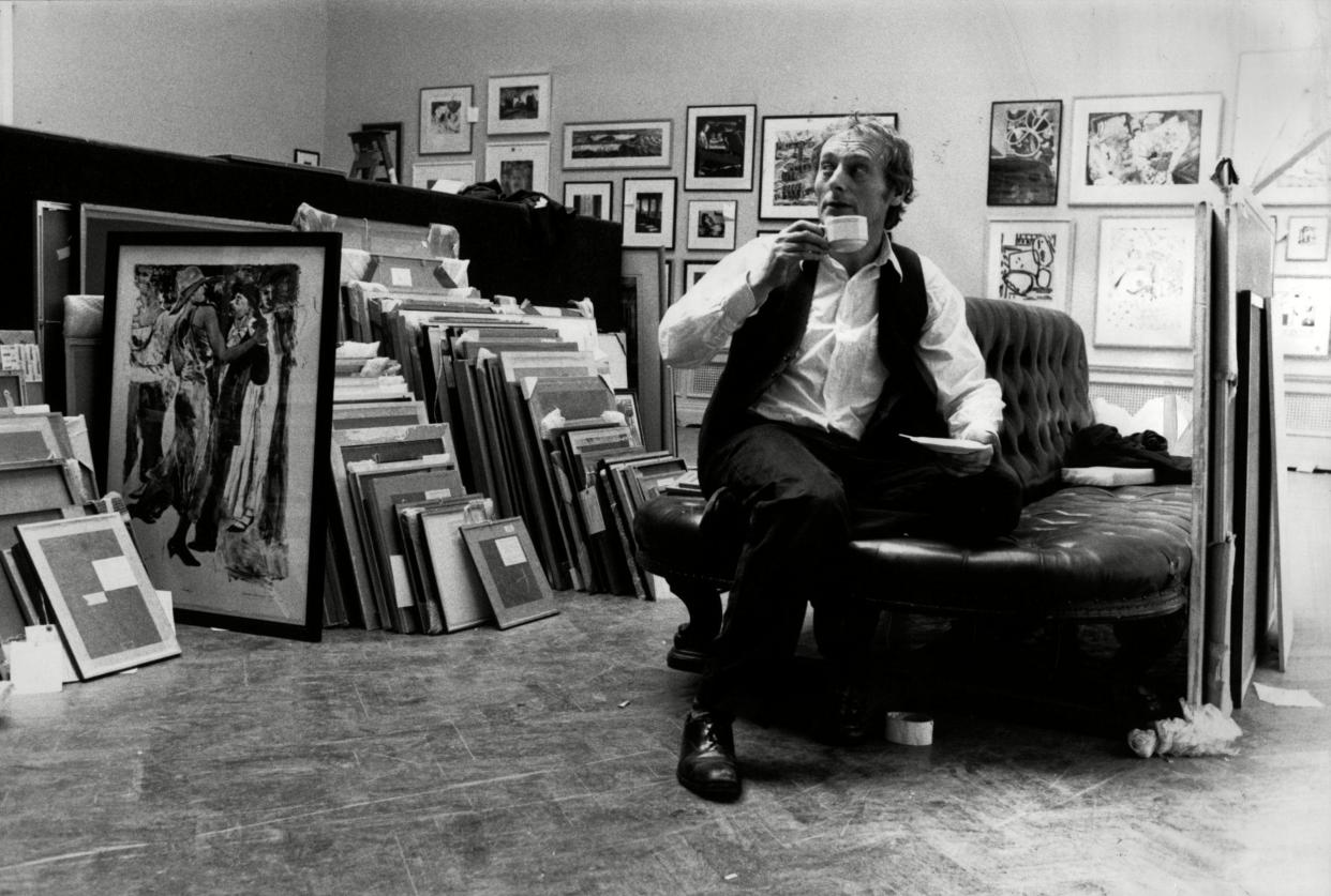 Ackroyd taking a break while hanging prints at the Royal Academy in May 1989