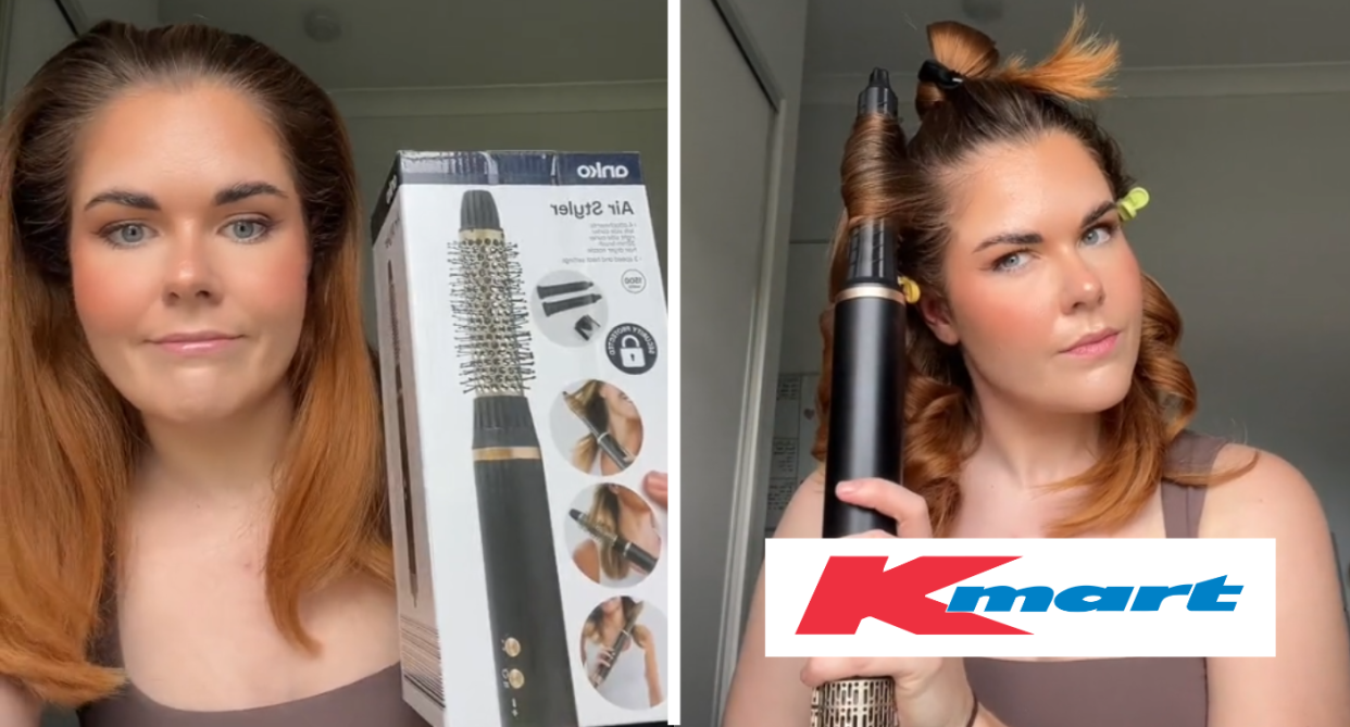 Two TikTok screenshots of a woman trying out Kmart's Air Styler $59 dupe for the Dyson Aiwrap