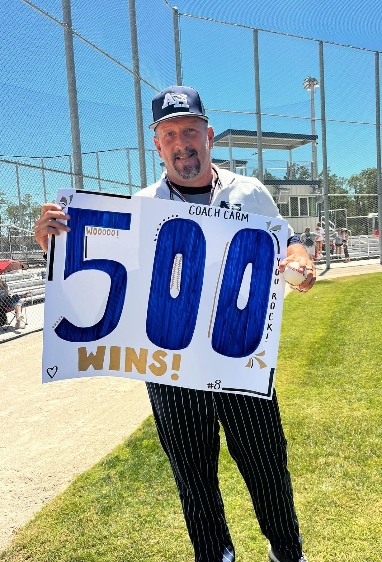 American Heritage-Delray coach Carm Mazza won his 500th career game on April 13 when the Stallions beat Naples-Aubrey Rogers.