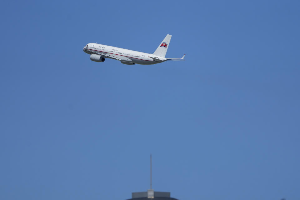 FILE - An Air Koryo commercial plane takes off from the Beijing Capital International Airport in Beijing, Tuesday, Aug. 22, 2023. North Korea said Sunday, Aug. 27, it will allow its citizens staying abroad to return home in line with easing pandemic situations worldwide, as the country slowly eases its draconian pandemic restrictions. (AP Photo/Andy Wong, File)