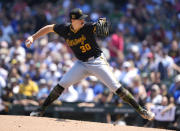 Pittsburgh Pirates starting pitcher Paul Skenes delivers during the first inning of a baseball game against the Chicago Cubs Friday, May 17, 2024, in Chicago. (AP Photo/Charles Rex Arbogast)
