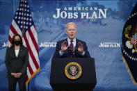 President Joe Biden speaks during an event on the American Jobs Plan in the South Court Auditorium on the White House campus, Wednesday, April 7, 2021, in Washington. Vice President Kamala Harris is at left. (AP Photo/Evan Vucci)