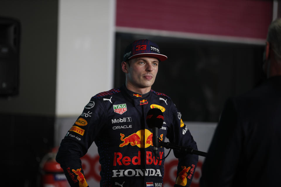 Red Bull driver Max Verstappen of the Netherlands talks to media after qualifying session qualifying session in Lusail, Qatar, Saturday, Nov. 20, 2021 ahead of the Qatar Formula One Grand Prix. (Hamad I Mohammed, Pool via AP)