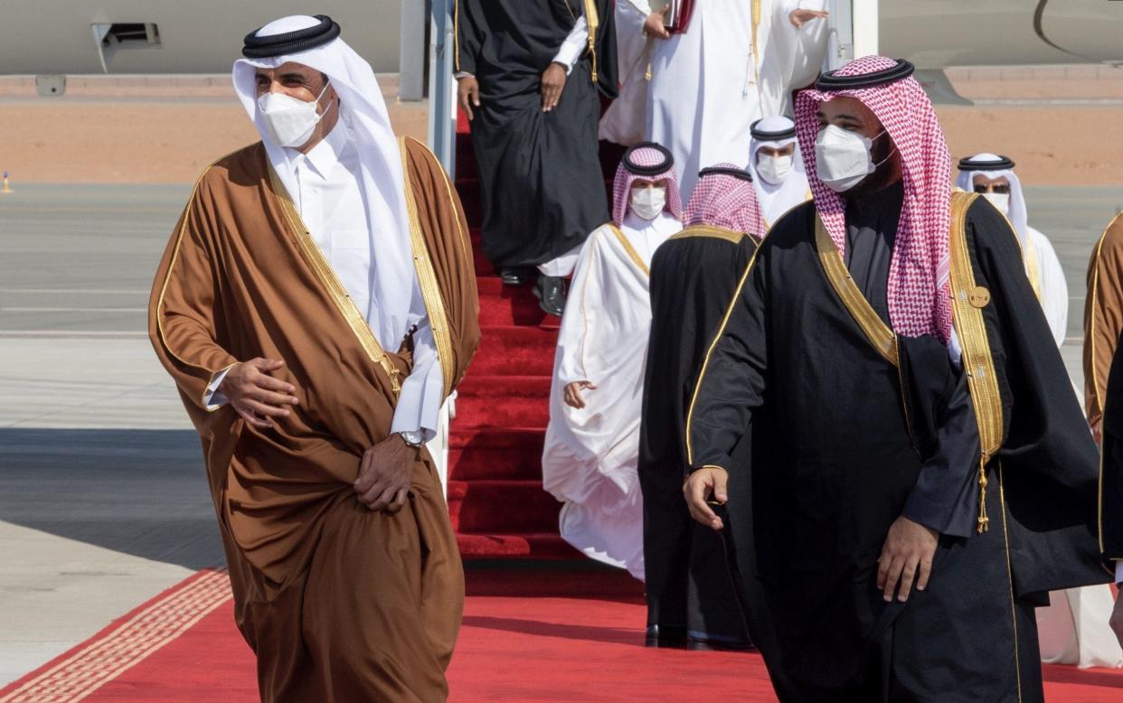 Emir of Qatar Sheikh Tamim bin Hamad al-Thani in Saudi Arabia with Saudi Crown Prince Mohammed bin Salman - Royal Council of Saudi Arabia/Handout/Anadolu Agency via Getty Images