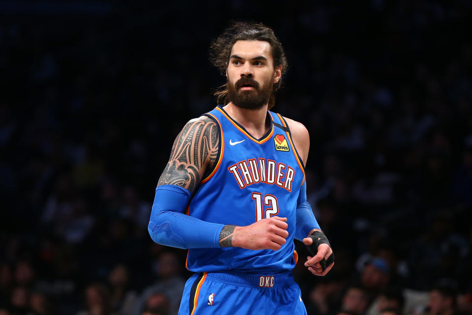 Steven Adams #12 of the Oklahoma City Thunder in action against the Brooklyn Nets at Barclays Center on January 07, 2020 in New York City. Oklahoma City Thunder defeated the Oklahoma City Thunder 111-103. NOTE TO USER: User expressly acknowledges and agrees that, by downloading and or using this photograph, User is consenting to the terms and conditions of the Getty Images License Agreement. (Photo by Mike Stobe/Getty Images)