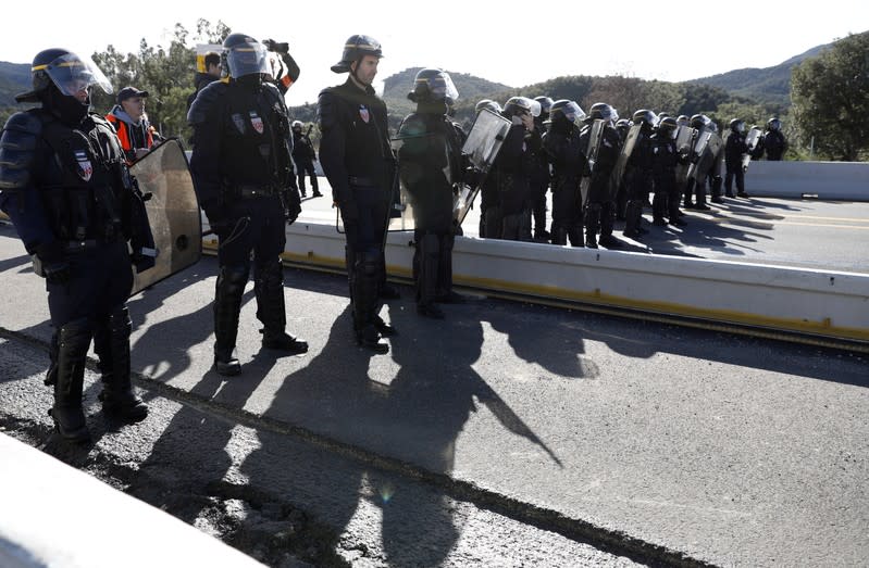 Members of Catalan protest group Democratic Tsunami block AP-7 highway on the French side of the Spanish-French border